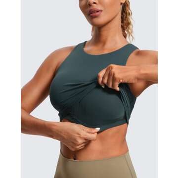CRZ YOGA Butterluxe Racerback High Neck Longline Sports Bras for Women - Padded Workout Crop Tank Tops with Built in Bra Forest Dark Green Large