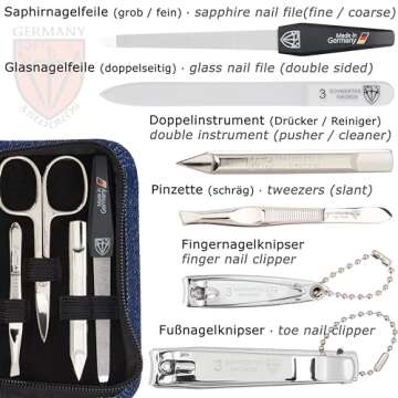3 Swords Germany - brand quality 8 piece manicure pedicure grooming kit set textil case jeans blue - Made in Germany