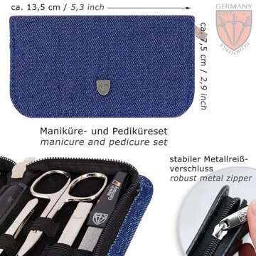 3 Swords Germany - brand quality 8 piece manicure pedicure grooming kit set textil case jeans blue - Made in Germany