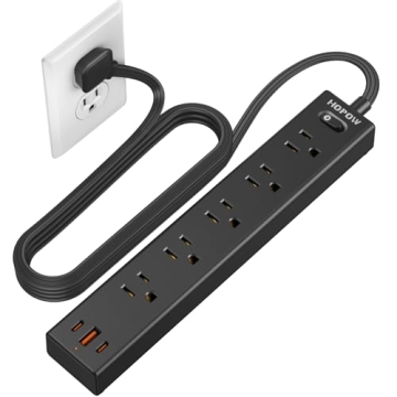 HOPOW Flat Plug Power Strip, 6 Ft Ultra Thin Extension Cord, Surge Protector with 5 Outlets & 3 USB ...