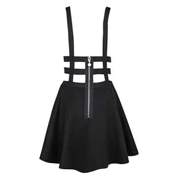 EXCHIC Women's Braces Skirt Pleated A-Line Suspender Mini Skirt (M, Black)