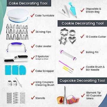 RFAQK 150PCs Cake Decorating Kit Baking Supplies Tools with Ebook and Booklet, 3in1 Cake Turntable f...