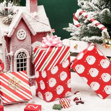 RUSPEPA Reversible Wrapping Paper Roll - Mini Roll - Christmas Santa Claus and Stripe Pattern Great ...