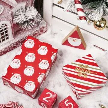 RUSPEPA Reversible Wrapping Paper Roll - Mini Roll - Christmas Santa Claus and Stripe Pattern Great for Christmas, Party, Holiday - 17.5 Inches X 32.8 Feet