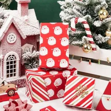 RUSPEPA Reversible Wrapping Paper Roll - Mini Roll - Christmas Santa Claus and Stripe Pattern Great for Christmas, Party, Holiday - 17.5 Inches X 32.8 Feet