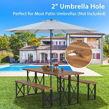 Giantex Outdoor Picnic Table Set with 2 Benches, Acacia Wood Patio Dining Table Set for 6 or 4 Persons, with 2” Umbrella Hole, 67” Large Rectangular Camping Table for Garden Lawn Yard 800 Lbs Capacity