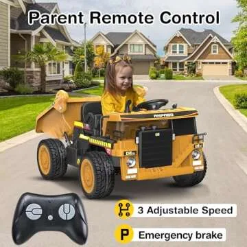 ANPABO 24V Ride On Dump Truck, 2X75W Powerful Motors, Up to 4.4Mph, EVA Tires, Ride On Car w/Electric Dump Bed and Extra Shovel, 19" Spacious Seat, Parent Remote Electric Truck for Kids-Yellow