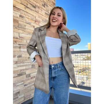 Zeagoo Women's Oversized Plaid Blazer Lapel Button Longline Blazer Jacket for Business Casual