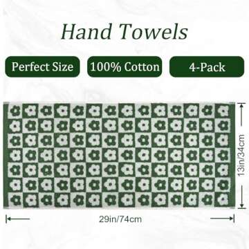 Jacquotha Hand Towels Checkered Floral - Set of 4 Soft Face Towels for Bathroom, Medium Size 13” x 29”, Dark Olive Green