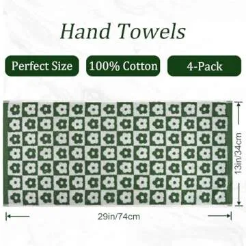 Jacquotha Hand Towels Checkered Floral - Set of 4 Soft Face Towels for Bathroom, Medium Size 13” x 29”, Dark Olive Green