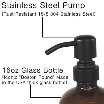 Amber Glass Soap Dispenser Stainless Steel Pump 16oz