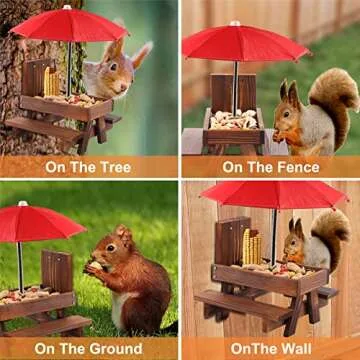 Squirrel Feeder Picnic Table with Umbrella, Wooden Squirrel Feeders for Outside with Corn Cobs, Cute Chipmunk Feeder with Solid Structure for Squirrel Gift (red)