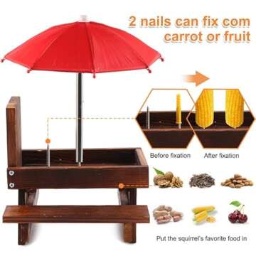 Squirrel Feeder Picnic Table with Umbrella, Wooden Squirrel Feeders for Outside with Corn Cobs, Cute Chipmunk Feeder with Solid Structure for Squirrel Gift (red)