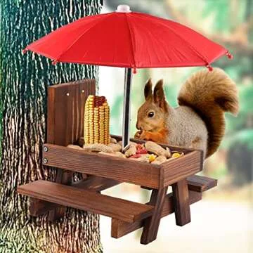 Squirrel Feeder Picnic Table with Umbrella, Wooden Squirrel Feeders for Outside with Corn Cobs, Cute Chipmunk Feeder with Solid Structure for Squirrel Gift (red)