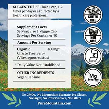 Pure Mountain Botanicals Chaste Tree Berry Capsules - Kosher Vegan Caps with 400mg Organic Vitex Chasteberry Supplement