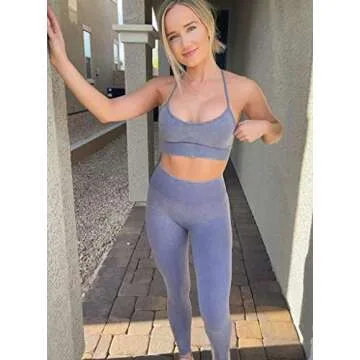 OQQ Workout Outfit for Women 2 Piece Seamless Acid Wash High Waist Leggings With Sports Bra Yoga Set Darkblue