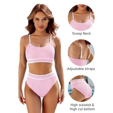 BMJL Women's High Waisted Bikini Ribbed Two Piece Swimsuit High Cut Color Block Adjustable Straps Bathing Suit(S,Pink)