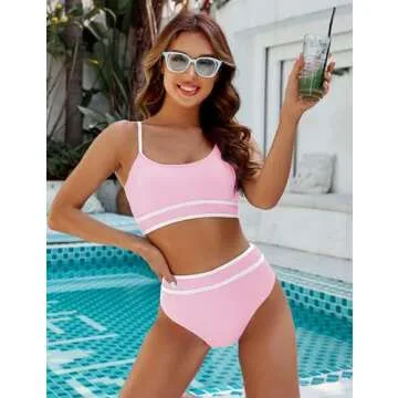 BMJL Women's High Waisted Bikini Ribbed Two Piece Swimsuit High Cut Color Block Adjustable Straps Bathing Suit(S,Pink)