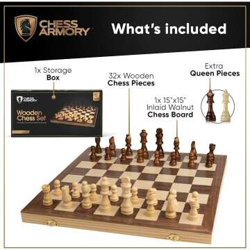 15 Inch Wooden Chess Set - Extra Queen Pieces Included