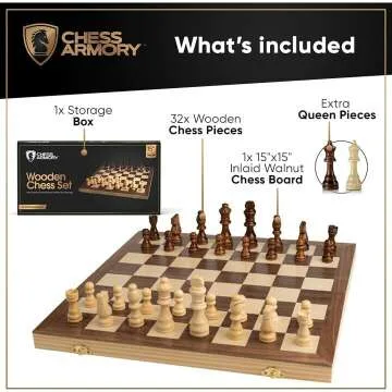 15 Inch Wooden Chess Set - Extra Queen Pieces Included