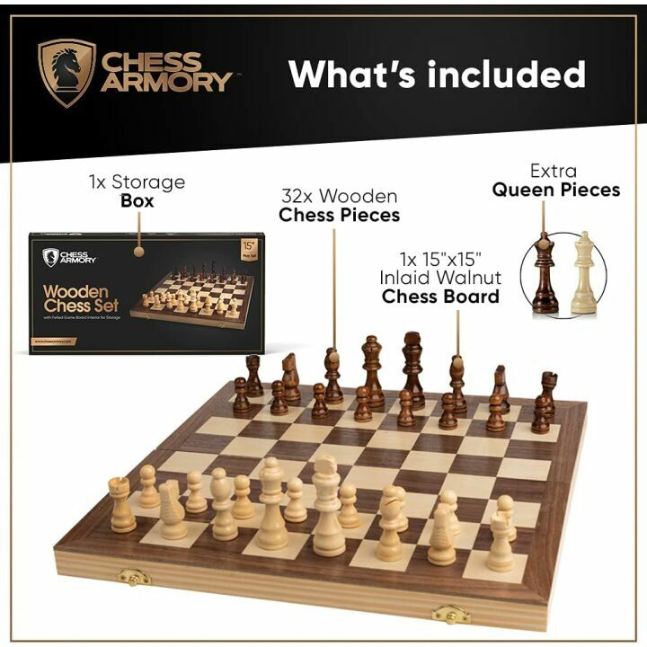 15 Inch Wooden Chess Set - Extra Queen Pieces Included