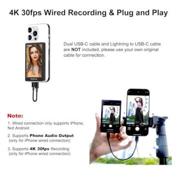 Newmowa Black Magnetic Phone Vlog Selfie Monitor Screen, 1080P Wireless Recording, Using Phone Rear ...