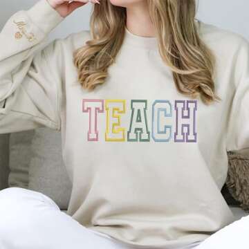 Givesmiles Personalized Embroidered Teacher Colorful Sweatshirts and Hoodie, Custom Teacher Sweatshirts, Teacher Sweatshirt Cute, Custom Embroidered Name On Sleeve, Gifts Perfect For Teacher