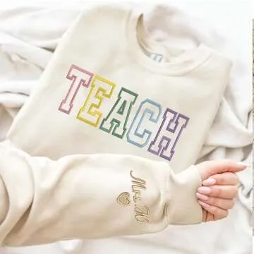 Givesmiles Personalized Embroidered Teacher Colorful Sweatshirts and Hoodie, Custom Teacher Sweatshirts, Teacher Sweatshirt Cute, Custom Embroidered Name On Sleeve, Gifts Perfect For Teacher