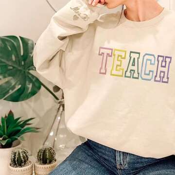 Givesmiles Personalized Embroidered Teacher Colorful Sweatshirts and Hoodie, Custom Teacher Sweatshirts, Teacher Sweatshirt Cute, Custom Embroidered Name On Sleeve, Gifts Perfect For Teacher