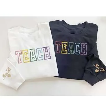Givesmiles Personalized Embroidered Teacher Colorful Sweatshirts and Hoodie, Custom Teacher Sweatshirts, Teacher Sweatshirt Cute, Custom Embroidered Name On Sleeve, Gifts Perfect For Teacher