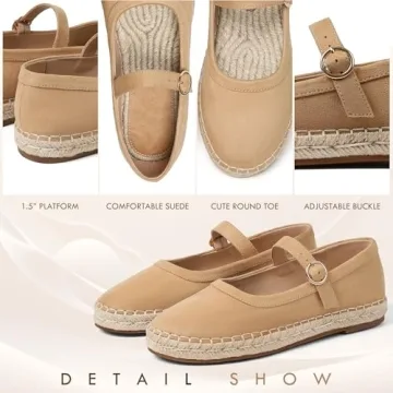 Atsroel Brown Ballet Flats for Women Round Toe Espadrilles Cute Mary Jane Shoes Buckle Strap Pumps Casual Platform Mary Janes Comfortable Suede Dress Mary Jane Flats