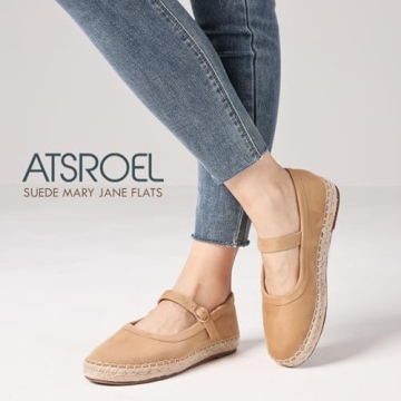 Atsroel Brown Ballet Flats for Women Round Toe Espadrilles Cute Mary Jane Shoes Buckle Strap Pumps Casual Platform Mary Janes Comfortable Suede Dress Mary Jane Flats