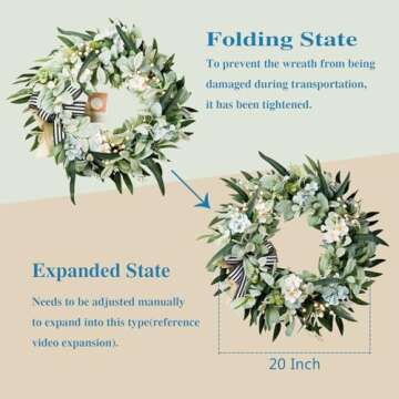 WREATHOME Lambs Ear Wreaths for Front Door Year Round, 20 Inch Green Artificial Wreath for Spring Summer Farmhouse Porch Indoor Outdoor Decor