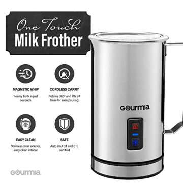 Gourmia GMF215 Cordless Electric Milk Frother & Heater, 3 Function, Detachable Base for Easy Serving, Stainless Steel, Silver