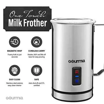 Gourmia GMF215 Cordless Electric Milk Frother & Heater, 3 Function, Detachable Base for Easy Serving, Stainless Steel, Silver