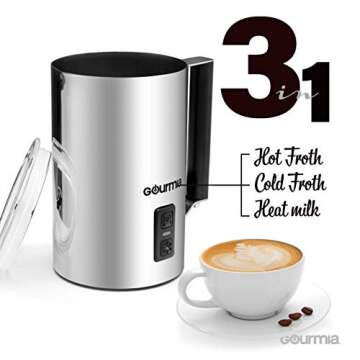 Gourmia GMF215 Cordless Electric Milk Frother & Heater, 3 Function, Detachable Base for Easy Serving, Stainless Steel, Silver