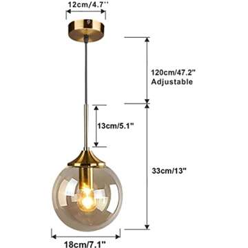 KCO Lighting Mid Century Modern Pendant Chandelier 1-Light Gold Glass Globe Pendant Light Brushed Brass Pendant Light Large Kitchen Pendant Lighting Over Island (Amber)