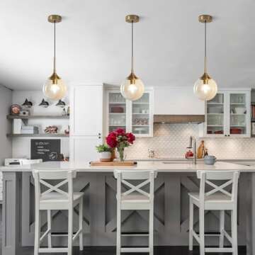 KCO Lighting Mid Century Modern Pendant Chandelier 1-Light Gold Glass Globe Pendant Light Brushed Brass Pendant Light Large Kitchen Pendant Lighting Over Island (Amber)