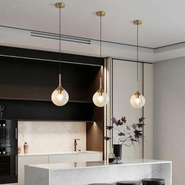 KCO Lighting Mid Century Modern Pendant Chandelier 1-Light Gold Glass Globe Pendant Light Brushed Brass Pendant Light Large Kitchen Pendant Lighting Over Island (Amber)