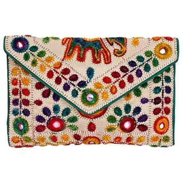 Rajasthani Jaipuri Art Sling Bag Foldover Clutch Purse (Green With Golden Front)- Quality Checked