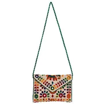 Rajasthani Jaipuri Art Sling Bag Foldover Clutch Purse (Green With Golden Front)- Quality Checked