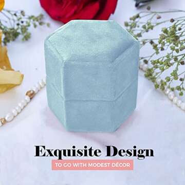 NIMSIN Premium Velvet Ring Box for Wedding Ceremony | Elegant Wedding Ring Box w/Detachable Lid | Ideal For Photoshoots, Proposal, Engagement & Wedding Events | Hexagon Double Ring Box (Light Blue)