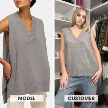 EXLURA Womens Oversized Sweater Vest Knit V Neck Tunic Casual Sleeveless Long Pullover Tank Tops Win...