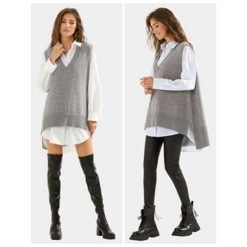 EXLURA Womens Oversized Sweater Vest Knit V Neck Tunic Casual Sleeveless Long Pullover Tank Tops Winter Spring Trendy 2025 Grey