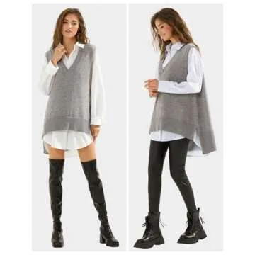 EXLURA Womens Oversized Sweater Vest Knit V Neck Tunic Casual Sleeveless Long Pullover Tank Tops Winter Spring Trendy 2025 Grey