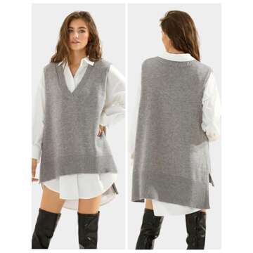 EXLURA Womens Oversized Sweater Vest Knit V Neck Tunic Casual Sleeveless Long Pullover Tank Tops Winter Spring Trendy 2025 Grey