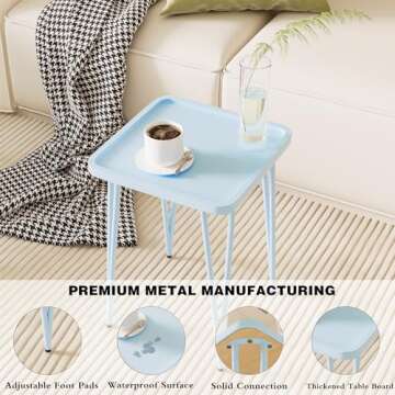 Palama Square Side Table, Small Side Table for Small Spaces, Small Metal End Table, Easy Assembly Blue Bedside Table, Small Table Outoor, Single Plant Stand Indoor