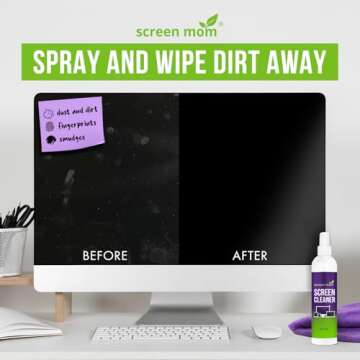 Screen Mom Screen Cleaner Spray and Microfiber Cloth 8oz Screen Cleaner Spray and Wipe for TV, Laptop, Computer, Phone, iPad, Car Screen Cleaning Kit Electronic Cleaner Spray