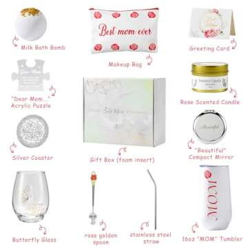 Mothers Day Gifts for Mom, Elegant Rose Gift Basket for Women, Unique Gifts for Mom from Daughter Son Husband Family, Coffee Mug Glass Drinking Set, Mother's Day, Birthday, Christmas Gift Box