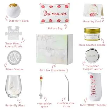 Mothers Day Gifts for Mom, Elegant Rose Gift Basket for Women, Unique Gifts for Mom from Daughter Son Husband Family, Coffee Mug Glass Drinking Set, Mother's Day, Birthday, Christmas Gift Box